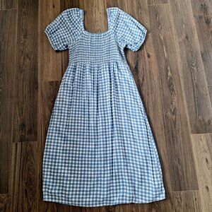 💙 Dip Gingham Smocked Maxi Dress Puff Sleeves Size L/XL Cottage Prairie Romanti